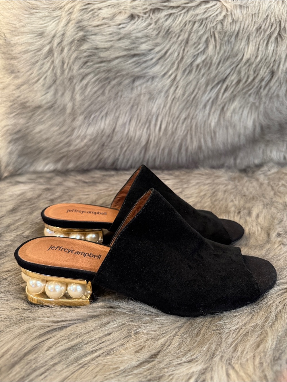 Jeffrey Campbell Arcita Black Suede Mules with Pearl-Embellished Gold Block Heel